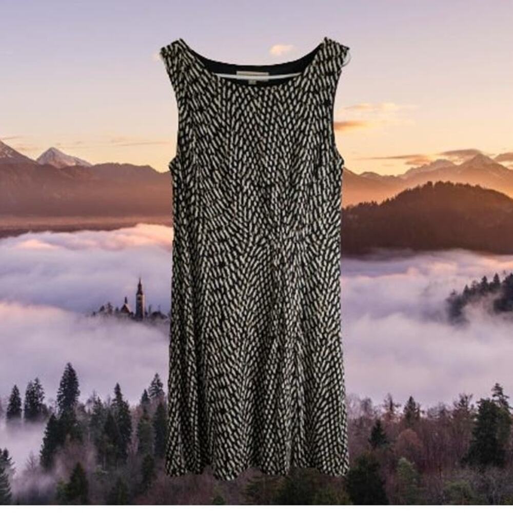 Loft medium sleeveless brown tan lined rayon front side ruched woman's dress.